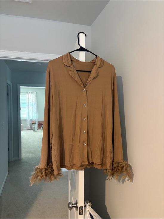 Tops - Feather-Trim Button-Front Blouse in Camel